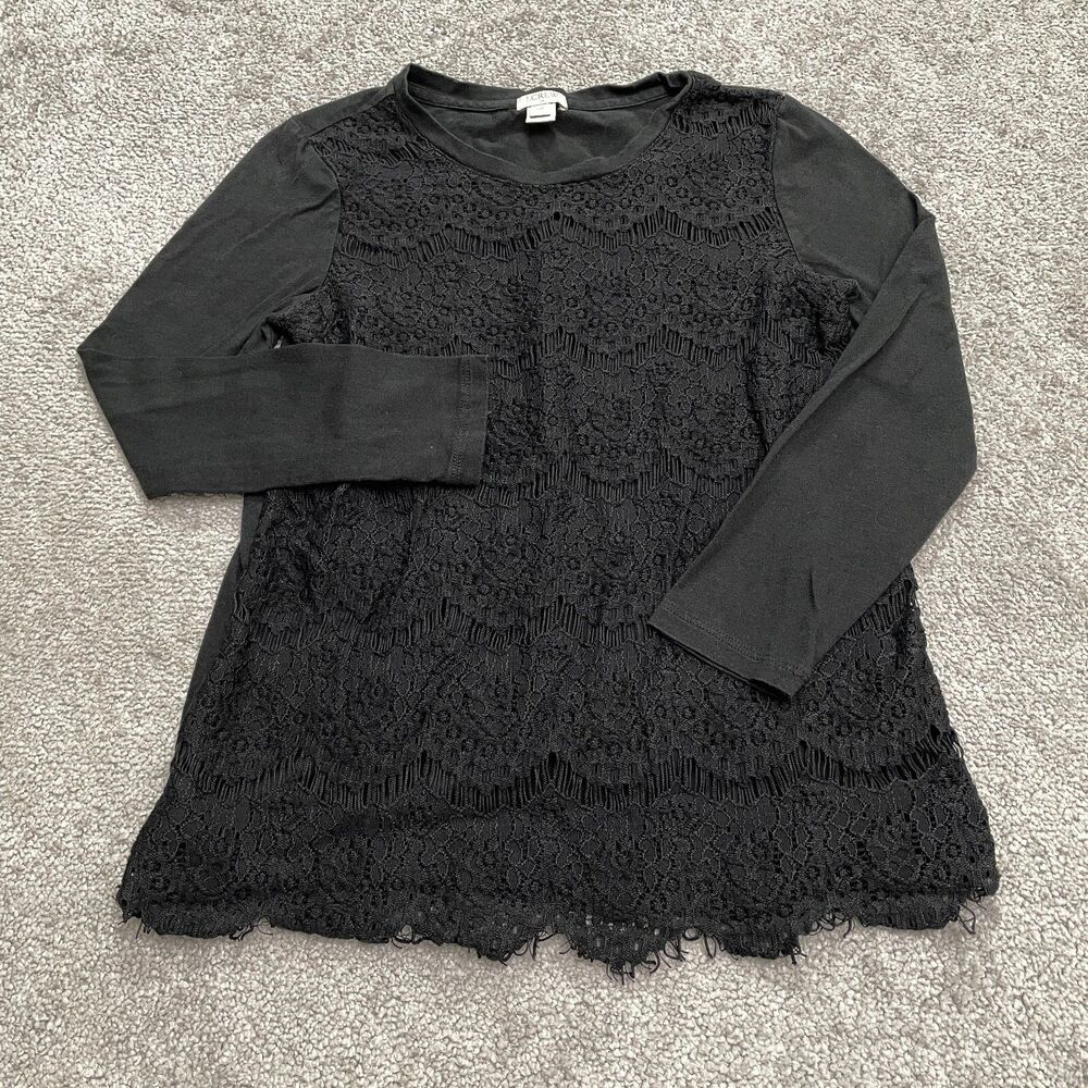 J. Crew Lace Crochet Overlay Blouse Womens XXS Black Long Sleeve Classic Casual